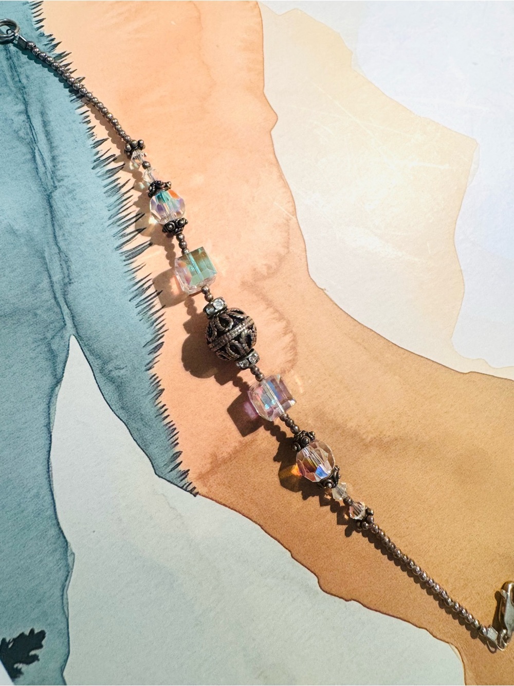 Iridescent Crystal Bead Bracelet with Filigree Accent - Clear